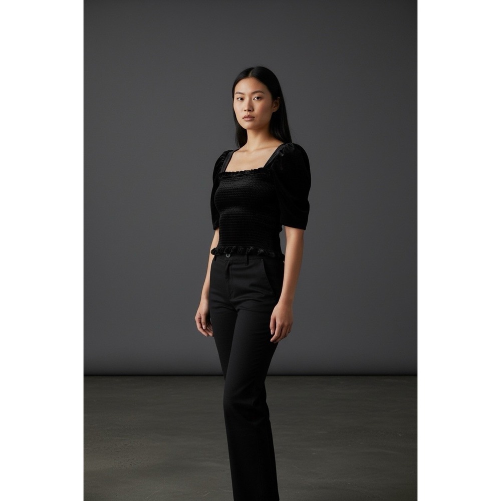 Sugar Lips Goth Black Velvet Puff Sleeve Crop Top XXL Smocked Stretch